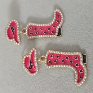 Gold with Barbie Pink Enamel Cowboy Hat And Boots Dangle Earrings